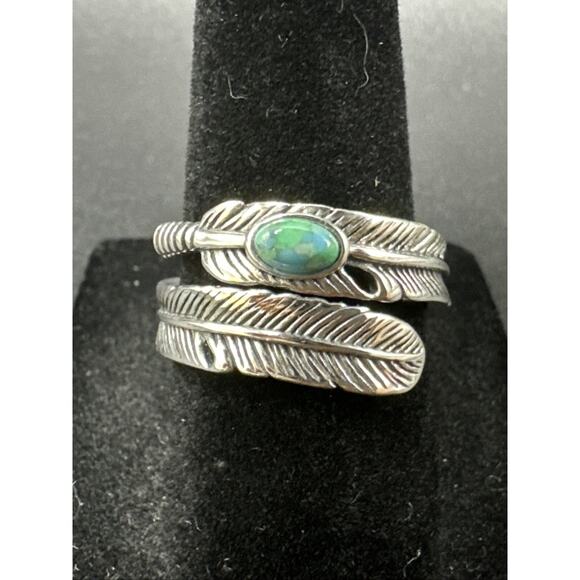 New Condition Sterling Silver Bypass Feather Turquoise Ring Size 7 Adjustable - Picture 1 of 5